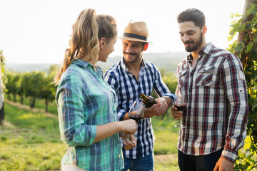 People sampling and tasting wines in vineyard