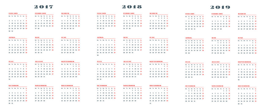 Set of calendars for 2017, 2018, 2019 years. Week starts Monday. Vector Illustration