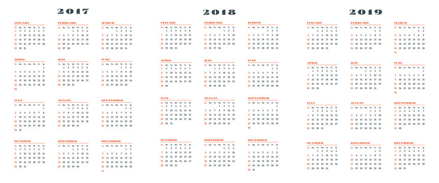 Set of calendars for 2017, 2018, 2019 years. Week starts Sunday. Vector Illustration
