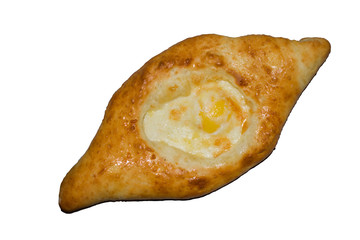 Baking the national Georgian cuisine: khachapuri - bread with cheese and egg, top view on white background