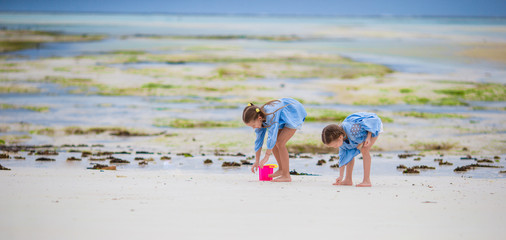 Adorable little girls playing during low tide on the beach
