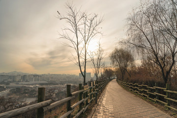 Empty Boardwalk in the Morning Sun with the Skyline of Seoul in the background, Seoul, South Korea