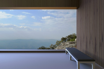 Fototapeta na wymiar Simple modern rooms and wooden walls and a Chair in the corner window view, the high mountains and the clear blue sky