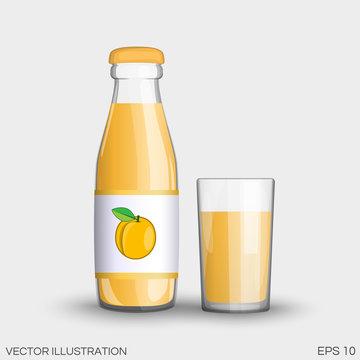 Apricot juice in a transparent glass bottle isolated