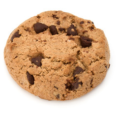 One Chocolate chip cookie isolated on white background. Sweet bi