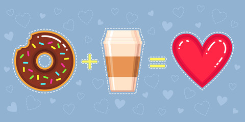 Flat vector illustration of donut with chocolate glaze, coffee and heart on blue background