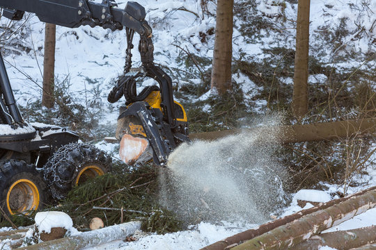 modern forestry machine in a winter forest
