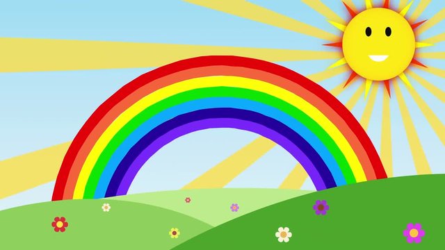 cute cartoon animation of smiling sun with colorful rainbow over the hills with space for your text or logo. sun and rainbow seamless loop. Rainbow Background for children full hd and 4k.