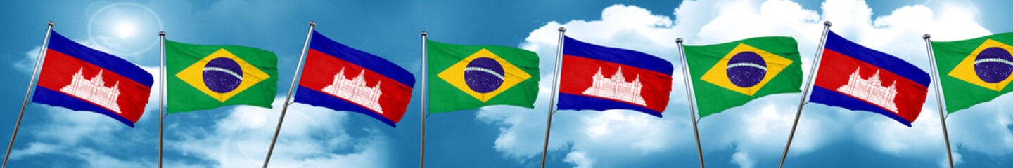 Cambodia flag with Brazil flag, 3D rendering