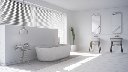 Naklejka na ściany i meble Scandinavian bathroom, white minimalistic interior design, abstr