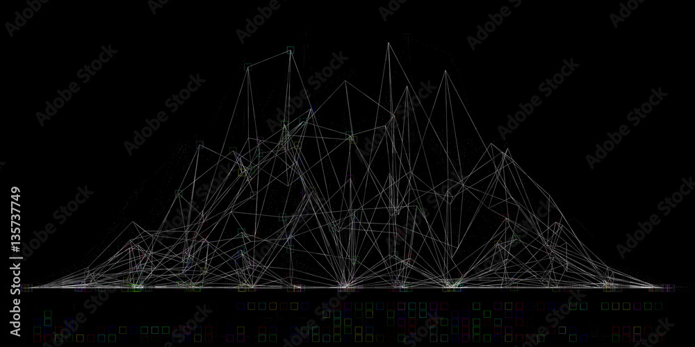 Poster abstract render 3d generated geometry forms with lines connected them. detailed shapes composition w