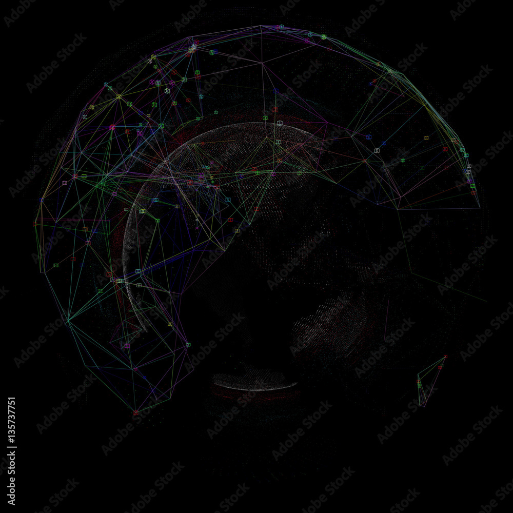 Poster abstract render 3d generated geometry forms with lines connected them. detailed shapes composition w