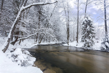 Poland - Roztocze, winter - small waterfalls on the river Tanew