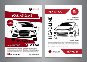 Set A4 rent a car business flyer template. Auto service Brochure templates, automobile magazine cover, mockup flyer. Vector illustration.