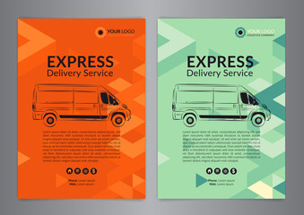 Set A4 Express delivery service brochure flyer design layout template. Delivery van magazine cover, mockup flyer. Vector illustration.