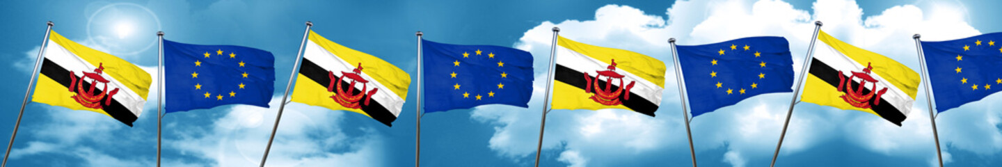 Brunei flag with european union flag, 3D rendering