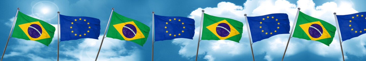 Brasil flag with european union flag, 3D rendering