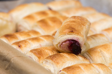 Cherry cream puff pastry closeup macro