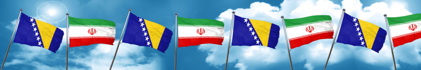 Bosnia and Herzegovina flag with Iran flag, 3D rendering