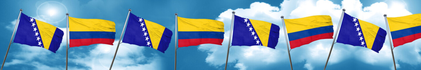 Bosnia and Herzegovina flag with Colombia flag, 3D rendering