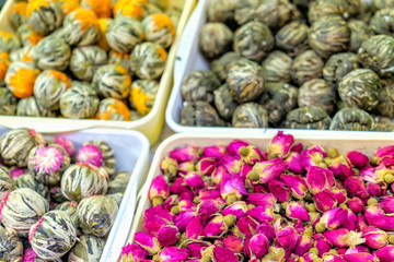 Dry tea background. Collection of tea flower for sale in the most famous market in Chinatown district, Bangkok, Thailand. Selective focus