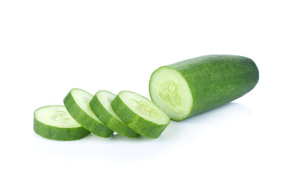 Cucumber and slices isolated on white background