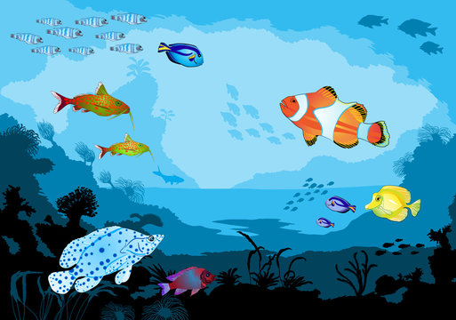 Ocean underwater world with tropical animals