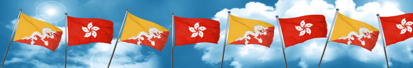 Bhutan flag with Hong Kong flag, 3D rendering