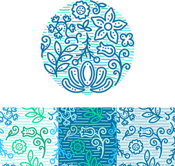 Different floral elements in a isolated circle with dots, swirls and stripes. Bright blue and green shades. Can be used as logo. Plus 3 variant seamless pattern. Vector illustration.