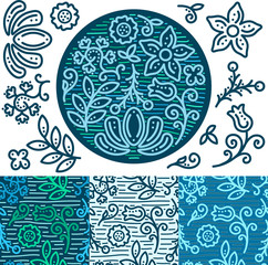 Different floral elements in a isolated circle with dots and stripes. Bright blue and green shades. Can be used as logo. Separate floral elements and 3 seamless patterns. Vector illustration.