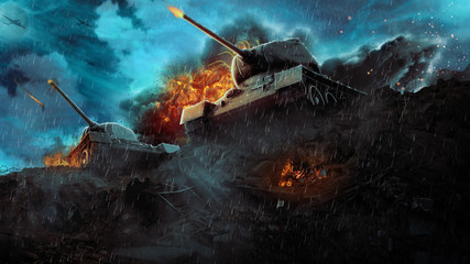 Obraz premium Two battle tanks in a hot flame