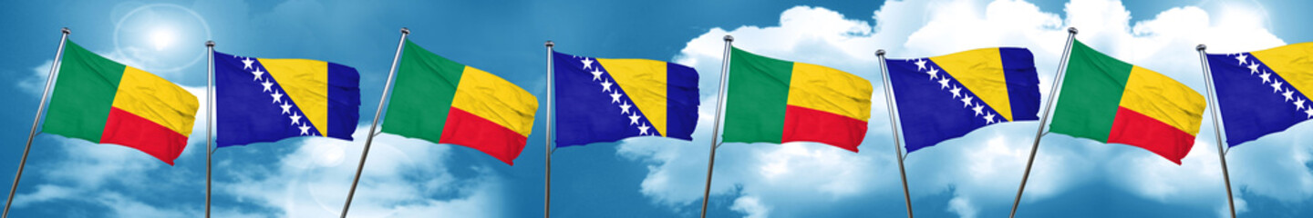 Benin flag with Bosnia and Herzegovina flag, 3D rendering