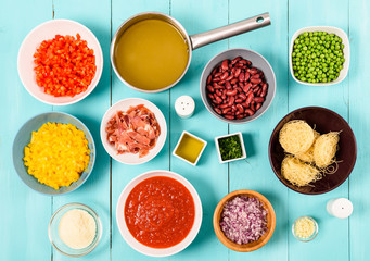 Red and Yellow Capsicum, Onion, Bacon, Vegetable Stock, Ketchup, Beans and Peas And Vermicelli Pasta Food Ingredients For Minestrone Soup Recipe