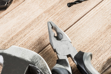 Carpentry tools on wooden surface