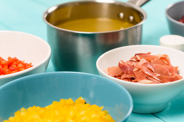 Red and Yellow Capsicum, Bacon And Vegetable Stock Food Ingredients For Minestrone Soup Recipe