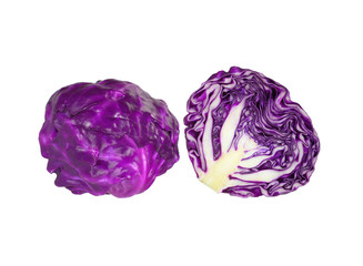 Obraz premium Fresh ripe bright Red Cabbages, one whole and one cut in half isolated on white background 