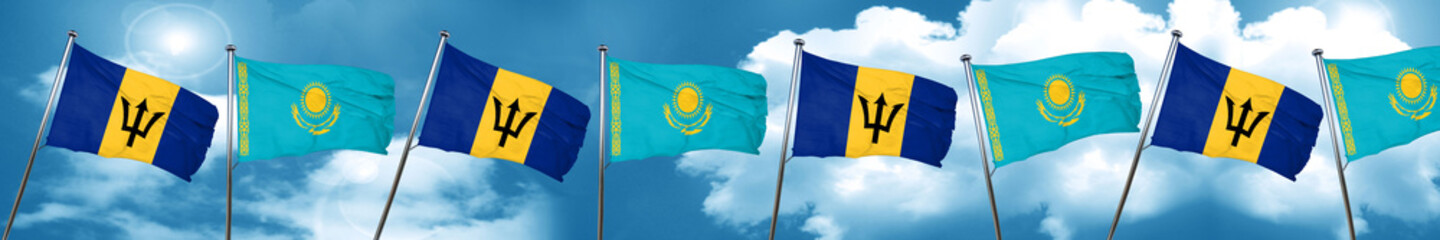 Barbados flag with Kazakhstan flag, 3D rendering