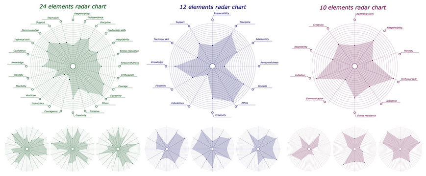 Set of Infographic pattern. 10, 12, 24 elements radar chart. Character personality business traits inscriptions for example. Different empty chart with no labels. Vector illustration.