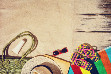 Top view of sandy beach frame. Background with copy space and visible sand texture.