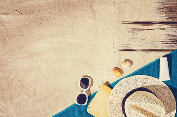 Top view of sandy beach frame. Background with copy space and visible sand texture.