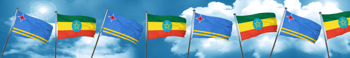 aruba flag with Ethiopia flag, 3D rendering