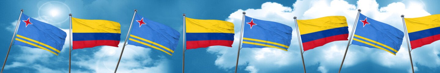 aruba flag with Colombia flag, 3D rendering