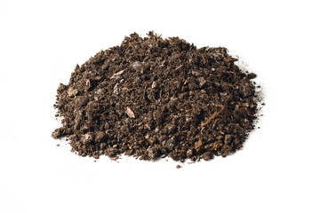 Fertile soil texture background seen from above, top view. Gardening or planting concept. Isolated on white