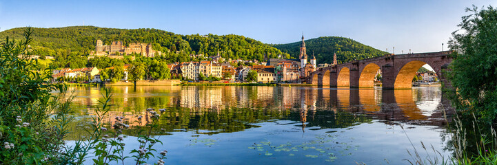 Heidelberg Panorama mit Schloss und Alter Brücke - obrazy, fototapety, plakaty
