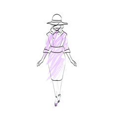 Fototapeta na wymiar Avatar of fashion model in hat and purple dress isolated on white background, vector, illustration