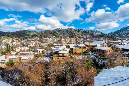 A small mountain village of Kakopetria covered in snow. Nicosia District, Cyprus