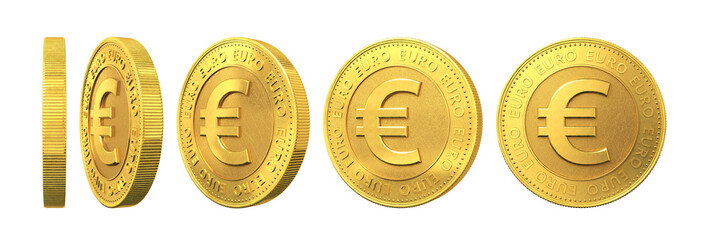 Set of gold coins with euro sign isolated on a white background.