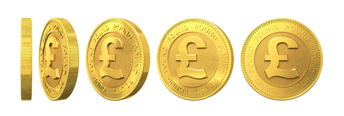 Set of gold coins with pound sign isolated on a white background