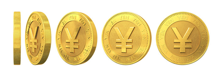 Set of gold coins with yen sign isolated on a white background.
