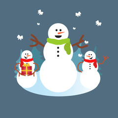 three funny snowmen with colored scarves and Christmas trees on background